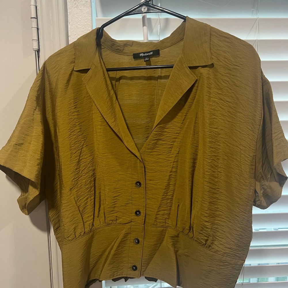 Madewell Olive Green Short Sleeve Button-Front Blouse